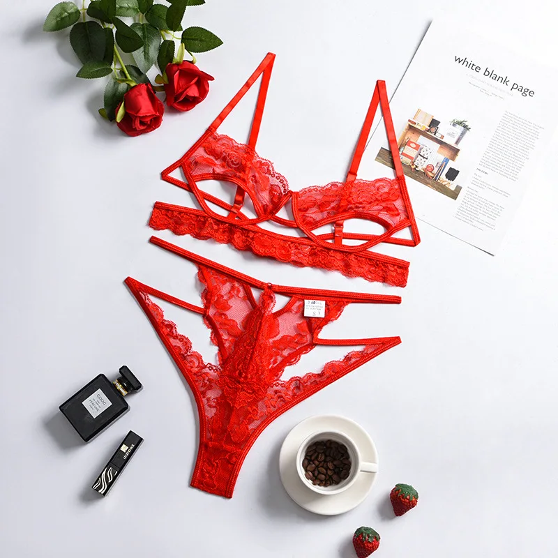 Ultra sexy červená čipka otvorená podprsenka Dámska priehľadná spodná bielizeň Dámy dámske dutiny z podprsenky Zmyselné večerné nosenie tenkých remienkov 2 kusy