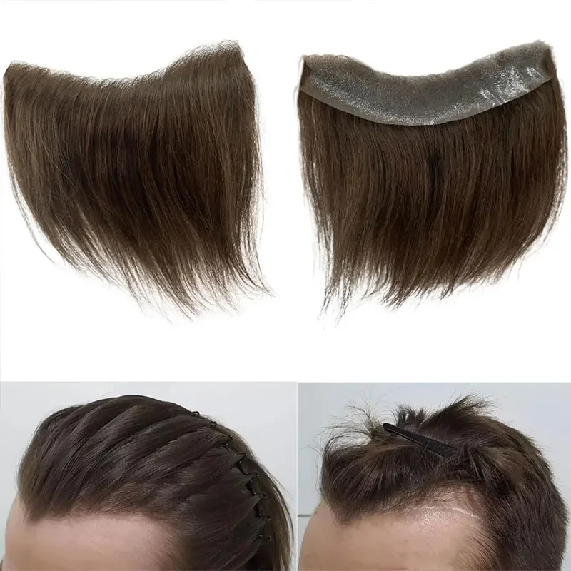 Ultra tenká pokožka muži Toupee na čelo #4 Brown Front Hairline Toupee 100%ľudské vlasy pokožka Pu Man Eargesces Fear Hair Topper