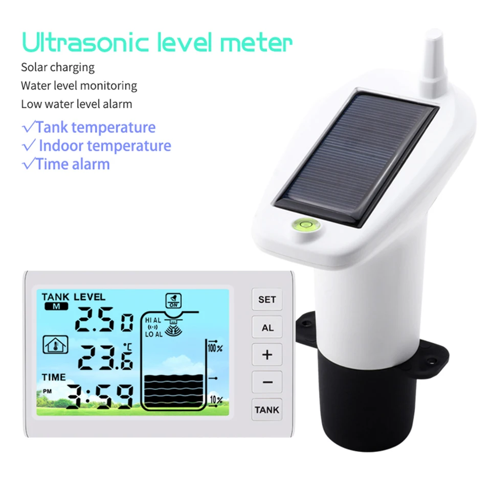 Ultrazvuková bezdrôtová vodná nádrž na hladinu kvapalného merača so solárnou teplotou snímač 1-5 metrov Monitor Monitor Time Zobraziť inteligentný alarm