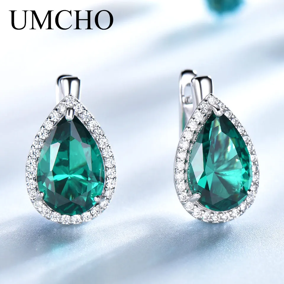 Umcho Green Emerald Gemstone Clip náušnice 925 Sterling strieborné náušnice pre ženy Nový módny oválny kameň