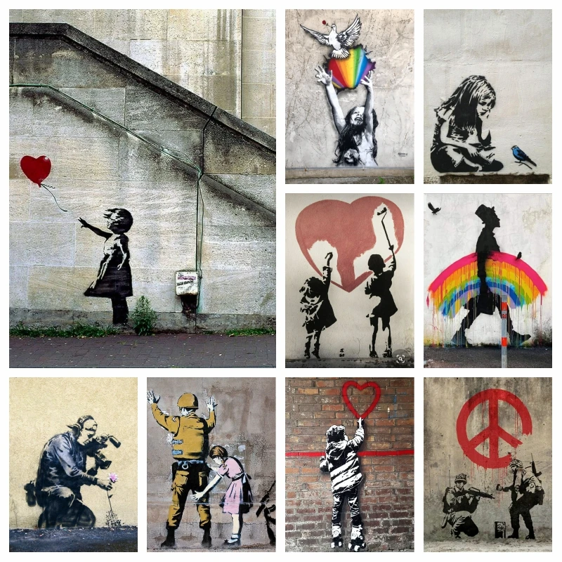 Umelec banksy dievča s balónom graffiti pouličné umenie plné diamantové maľba ab vŕtačky mierový znak krížový steh stet vzor dekor