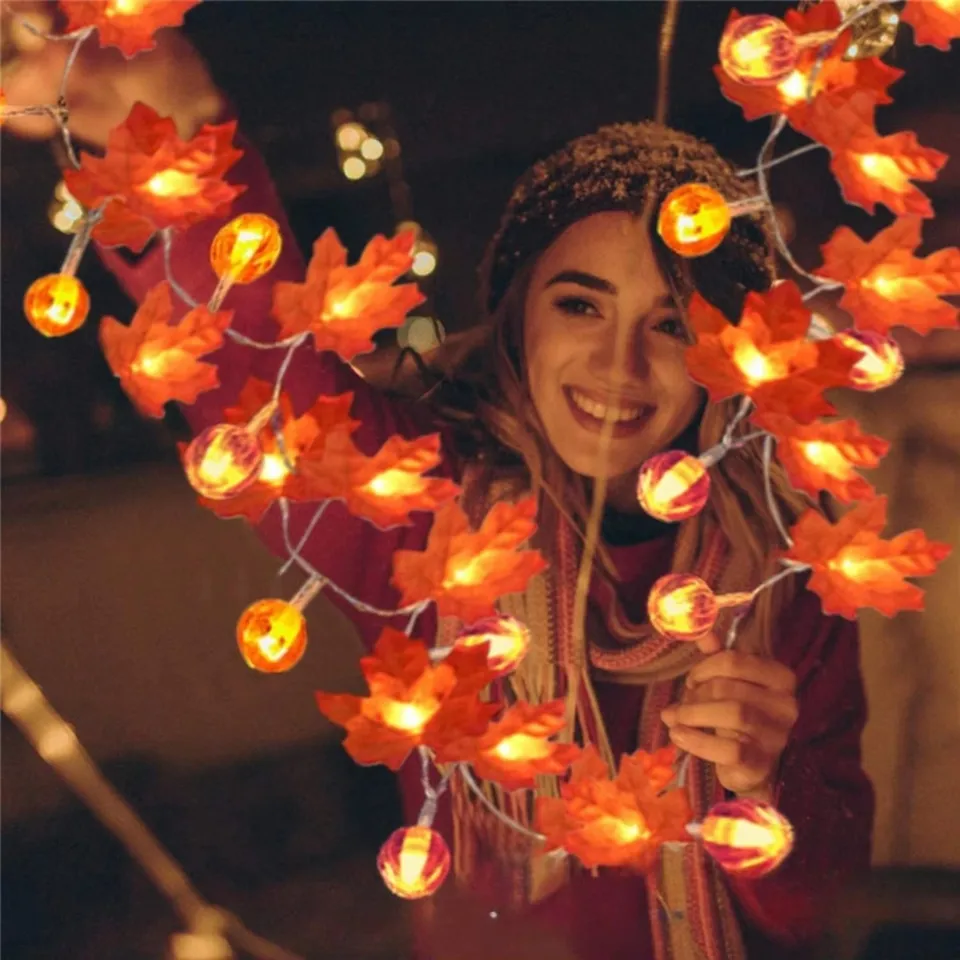Umelé javorové listy LED LED Svetlá struna Pumpkin Autumn Girland Fairy Lights pre Deň vďakyvzdania večierok DIY Svadobná domáca dekorácia