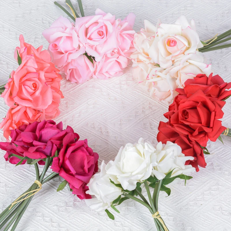 Umelé kvety 5 hlava skutočný dotyk Curl Edge Rose Kytica zvlhčujúci svadobný svadobný kyticový kvet