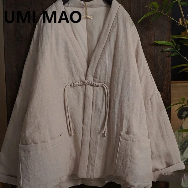 Umi Mao zimná bunda Hanma vinobranie čínsky štýl Pan Loose V-krk na krk na klip Cotton Coat femme