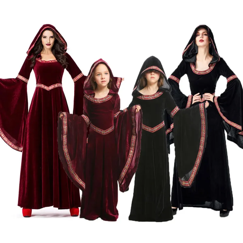UMorden Fantasia Family Stredoveká čarodejnica pohanská čarodejnica Kostýmy Dievčatá Halloween Purim Karneval gotické zamatové šaty s kapucňou