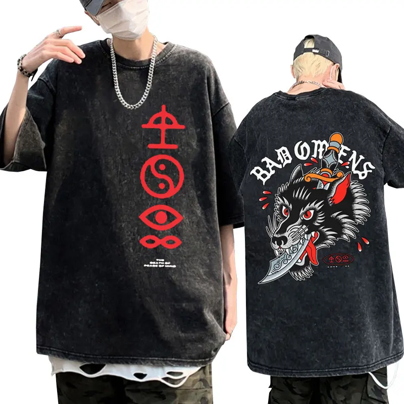 Umyté vintage tričká Men Rock Band Bad Omens Tour Concert 2023 tričko hip hop retro nadmerné tričká