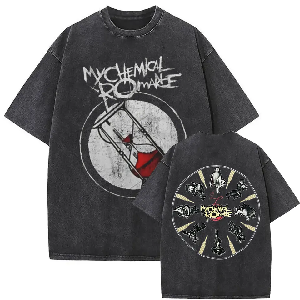 Umytý vintage moja chemická romantika Čierna prehliadka MCR Preslanect Tlač Tričko Men rockové nadmerné tričko Classic 90s Streetwear