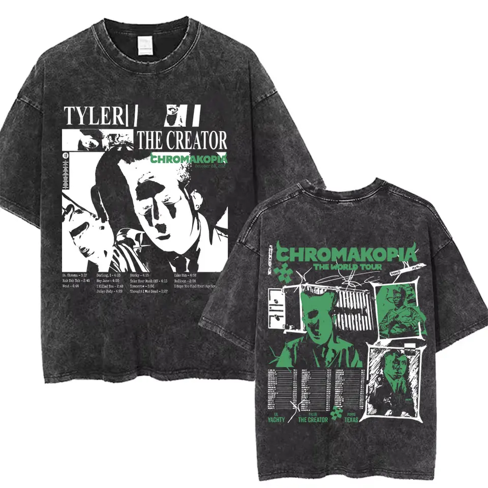 Umytý vintage Tyler The Creator Chromakopia The World Tour obojstranná tlač Trink Tir Men Dámsky módny hip hopový rapper tričká
