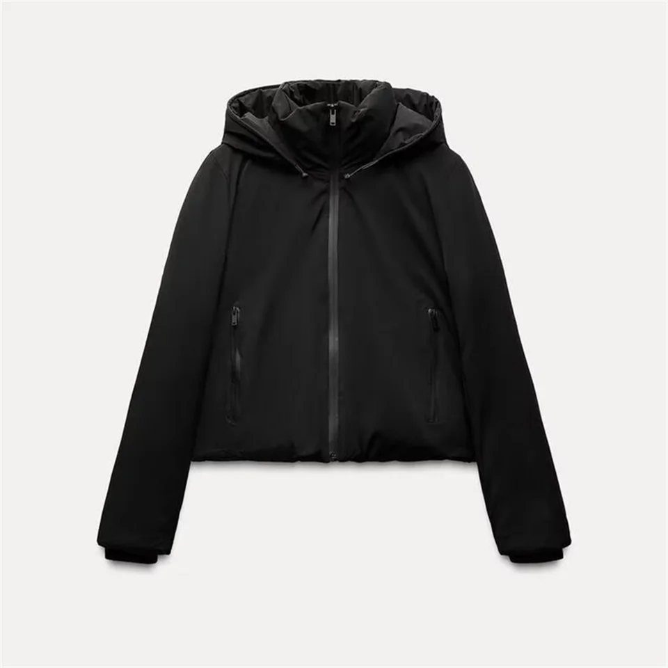 Unaliza dámska bunda Čierny krátky štýl Stand Up Collar Hood Hustý bavlnený kabát Jeseň nový štýl bunda