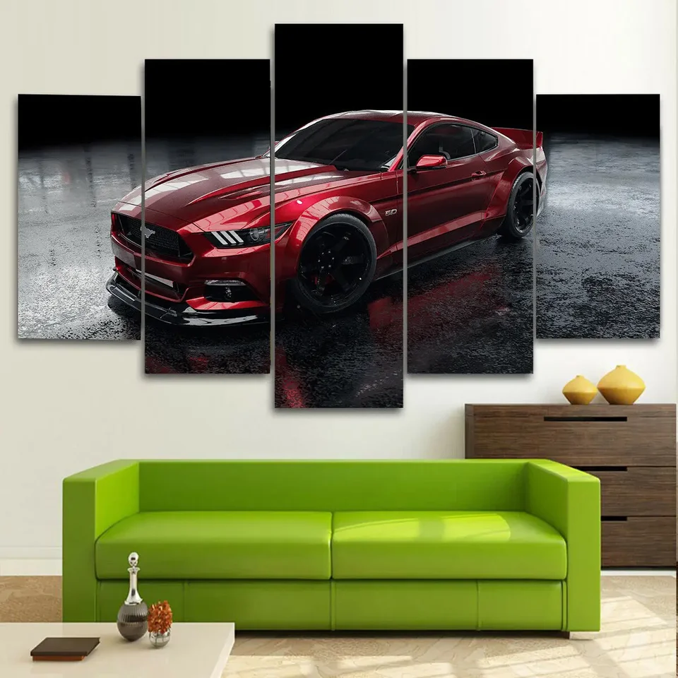 Unbramed 5 panel Ford Mustang Red Super Luxury Car Canvas Plagáty nástenné umelecké obrázky Obrázky pre obývaciu izbu Domovod