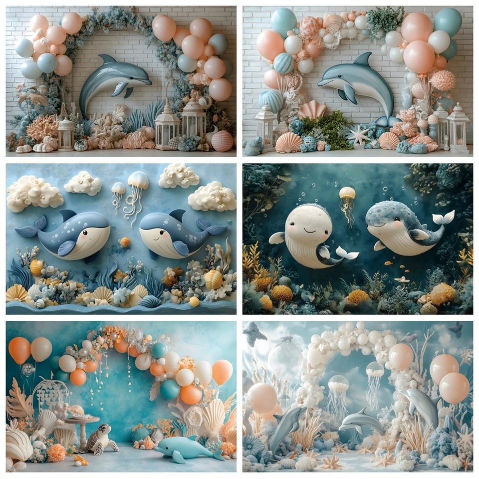 Underwater World Arch Balloon Photography Pozadie oceán Dolphin veľryba bábätko narodeninové oslavy detské pozadie Photo štúdio