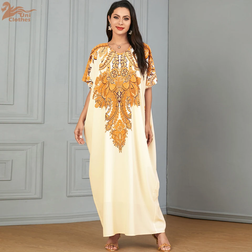 Uni dubaj móda kvetinová tlač abaya v krku s krátkym rukávom voľné šaty Marocké islamské arabské elegantné elegantné príležitostné oblečenie jalabiya