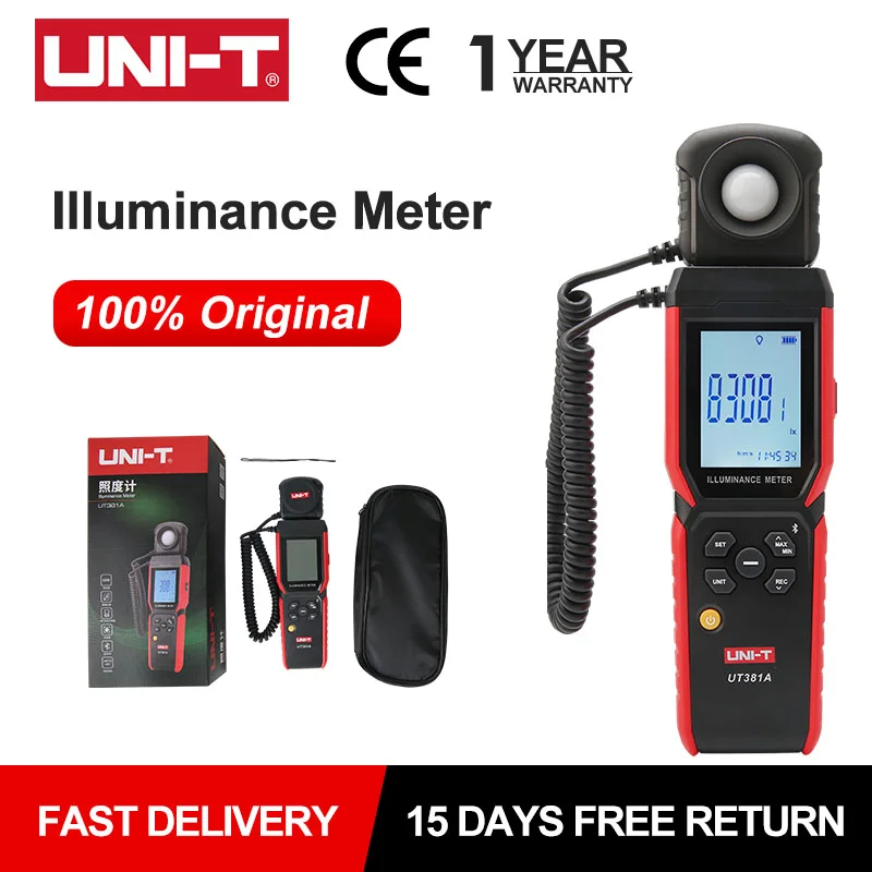 UNI-T Digitálny svetelný meter UT381A 400000 LX SLEDNÝ SLOŽMÝ LUXOMELER ILLUMINOMETER s koeficientom korekcie farebnej korekcie aplikácie Bluetooth