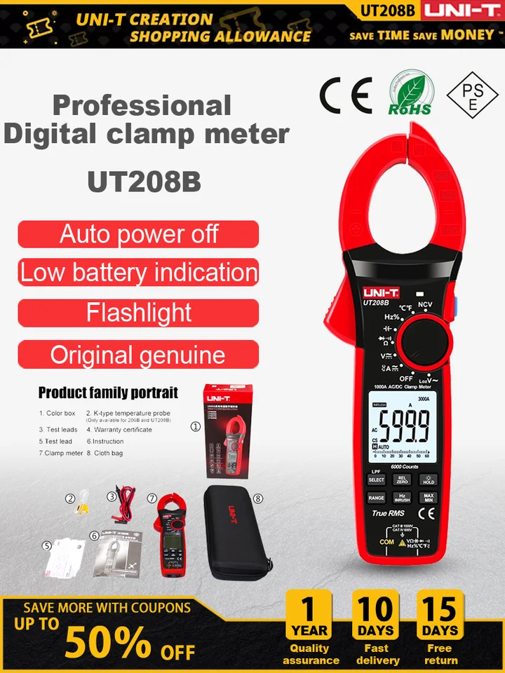 Uni-T True RMS Digital Clamp Meter AC DC Current 1000a 1000V UT207B UT208B LPF 6000 Count BASPLIGHT FLEBLELE Multimetro tester