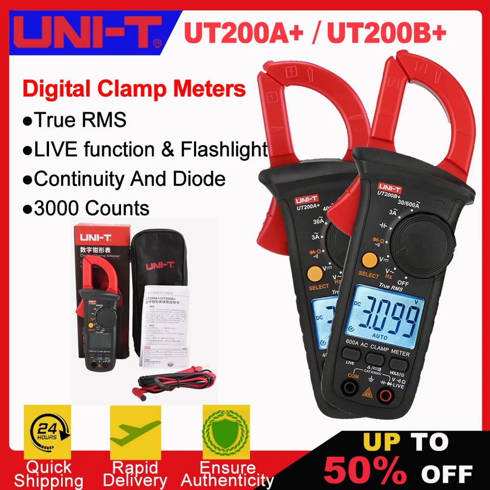 Uni-T UT200A+ UT200B+ AC CAMP CLAMP Meters Digitálny voltmeter kliešte amperometrický sponkový multimeterový elektrický tester elektrikár