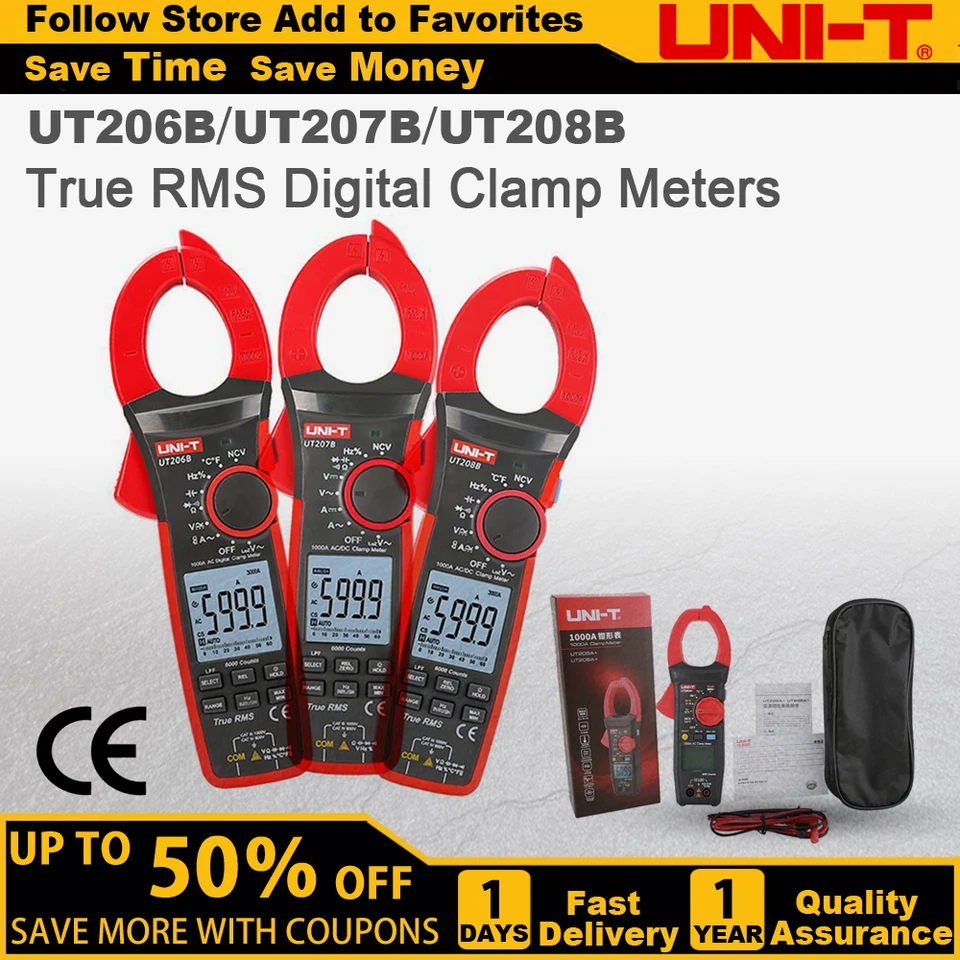 Uni-T UT206UT207B UT208B TRUE RMS DIGITÁLNY CLAMP AC DC Prúd 1000a 1000V Kliešte Ammeter LPF 6000 Count Amperimetrická svorka