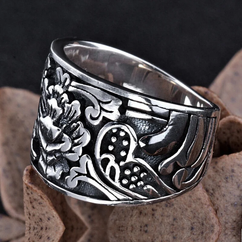 Unibabe úplne nový 925 Sterling Silver vyrezávané kvetiny široké S925 Ring Band Retro Thai Silver Creative Jewelry pre mužov (Hy)