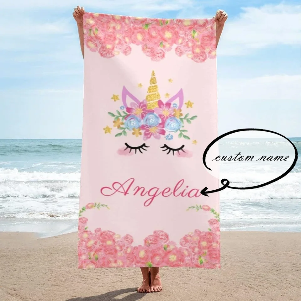 Unicorn Beach Towel pre dievčatá chlapci plávajúce šport cestovné prispôsobené plážové uteráky s názvom piesok bezplatný suchý vlastný kúpeľ