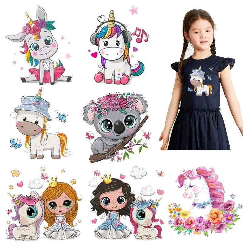 Unicorn Girl Aplikácia železné prevody pre deti odevy Karikatúra zvierat tepelný prenos tepelného prenosu na nálepky na umývanie odevov DIY