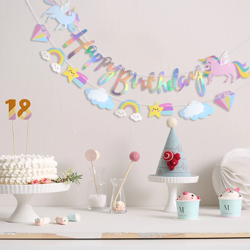 Unicorn Party Bunting Banner Všetko najlepšie k narodeninám papierové vlajky girlandy pre jednorože