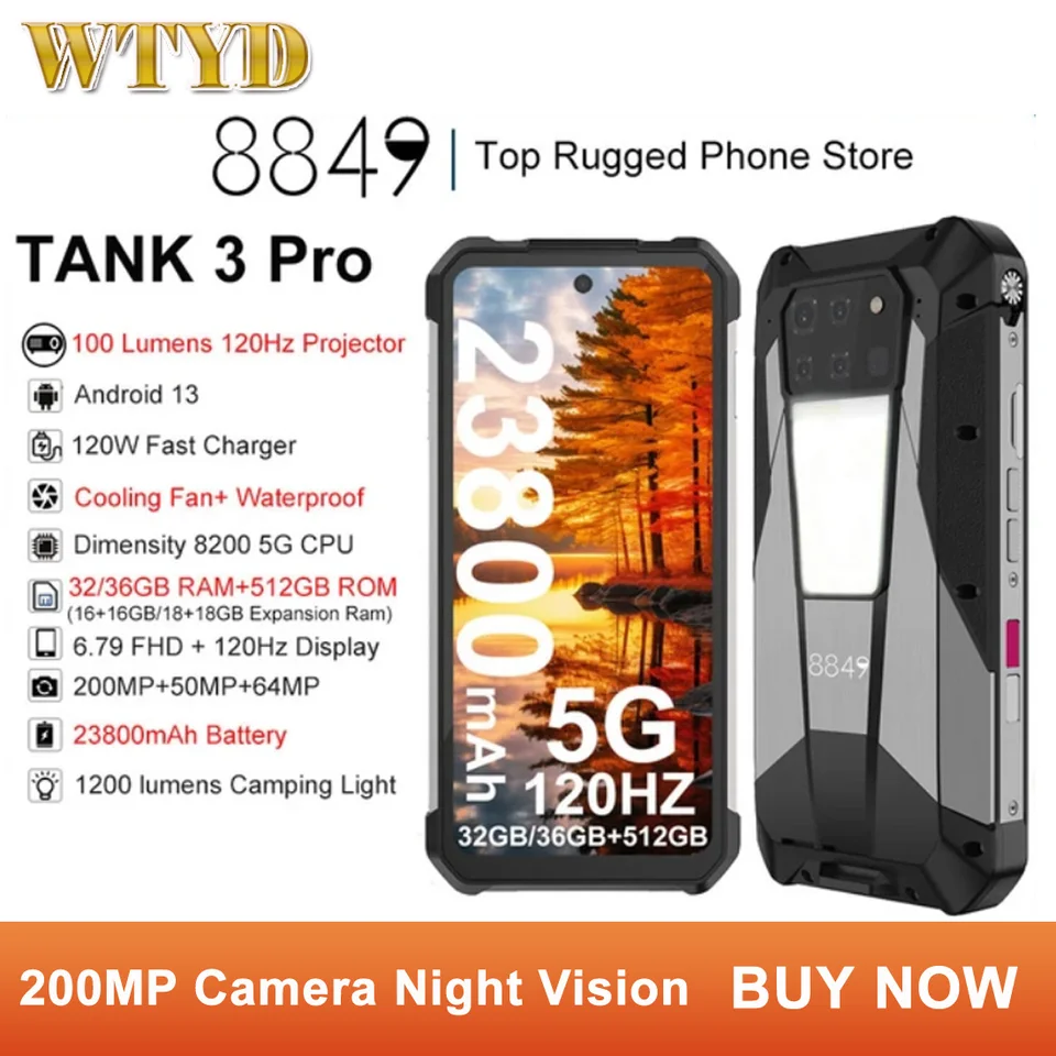 UniHertz Tank 3 Pro Rugged Phone 32/36 GB 512 GB Lumens Projector 200MP Camera Night Vision 6.79 '23800MAH NFC 5G Smartpphone