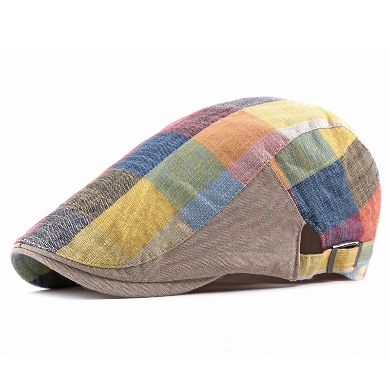 Unisex bavlnená bielizeň zmiešané barety klobúk muži Plaid letný štýl módna osobnosť príliv retro veterný ženský priezor čiapky klobúk