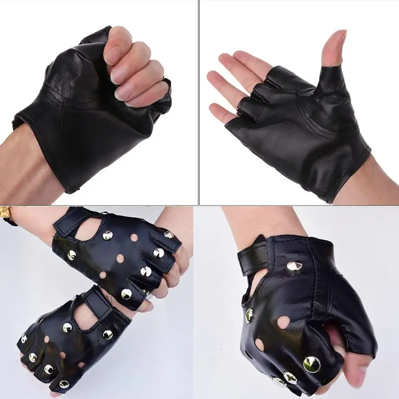 Unisex bez prstov jazdecké faux kožené rukavice motorové cool cvočky sexy disco tancujúca skala a roll čierny napoly prst ruka