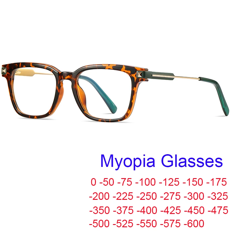 Unisex Blue Light Myopia Gulapia Priehľadné šošovky Vintage nadmerne nadmerné štvorcové zelené leopardové okuliare Rámce body 0 až -6,0 GAFAS