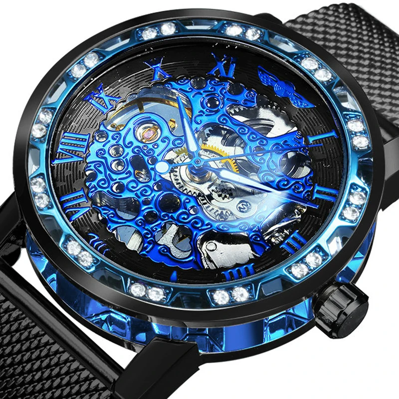 Unisex Classic Skeleton Shinestone Hollow Mesh Strap Manual Mechanical Watch for Men Cascur Witter Watches Rímske číslo Luminous