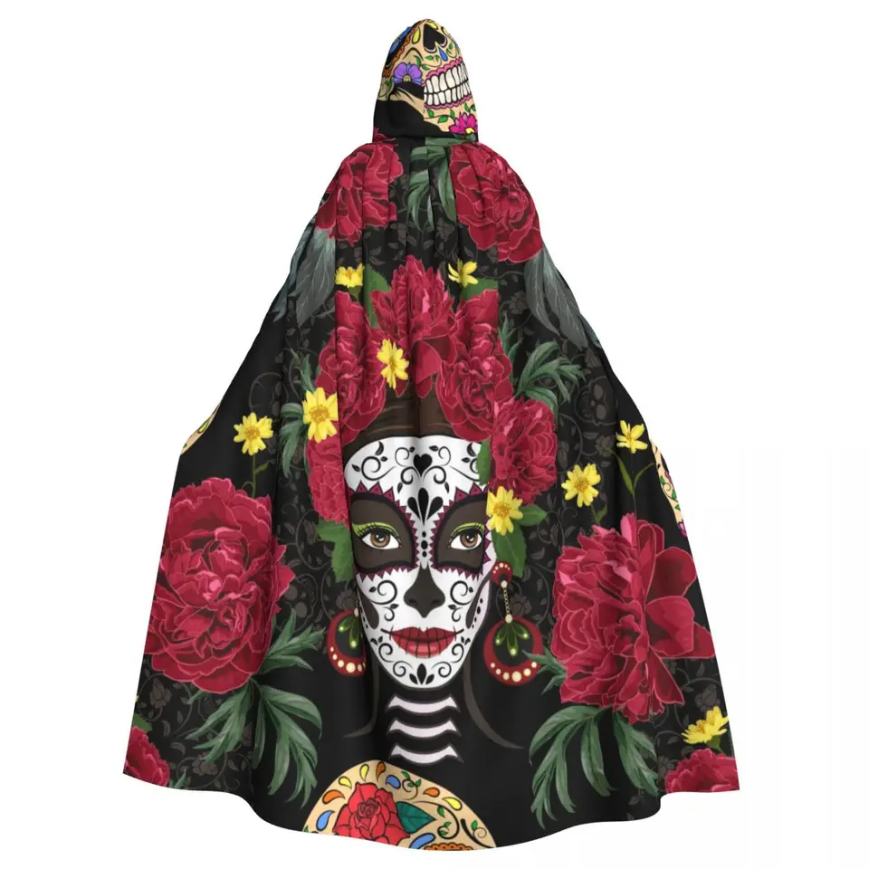 Unisex dospelých Calavera Catrina v venci pivoniek Cukor lebky plášť s kapucňou dlhou čarodejníckou kostým Cosplay