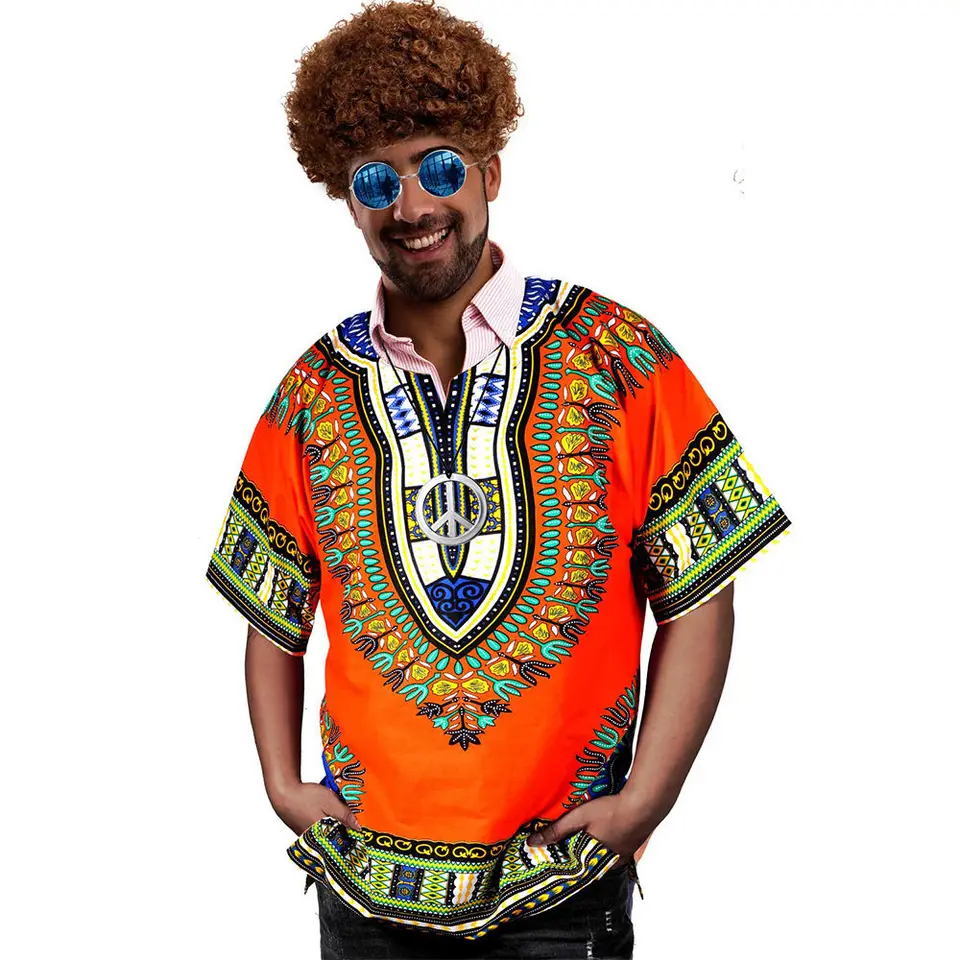 Unisex kapucňa pán s krátkym rukávom Dashiki košeľa farebné africké kmeňové šaty oranžové červené 100% bavlnené mikiny