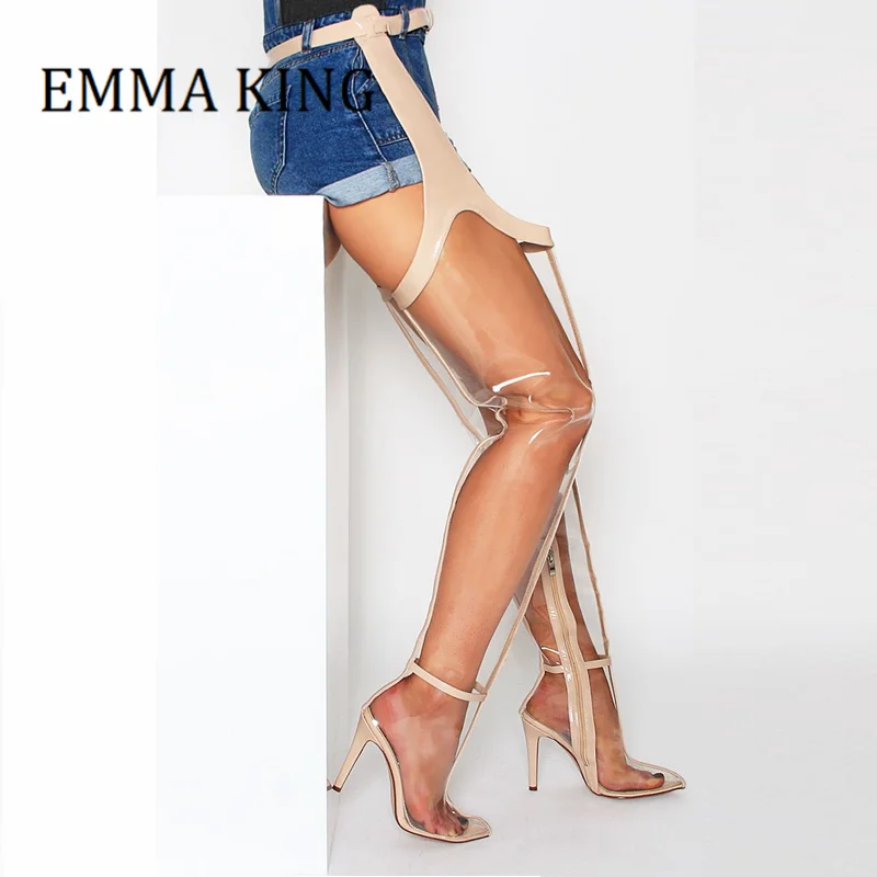 Unisex rozkrokové stehno vysoké topánky Ženy čisté nahé pásové stehno vysoké topánky sexy tenké podpätky nad kolennými topánkami Dámy Dance Shoes topánky