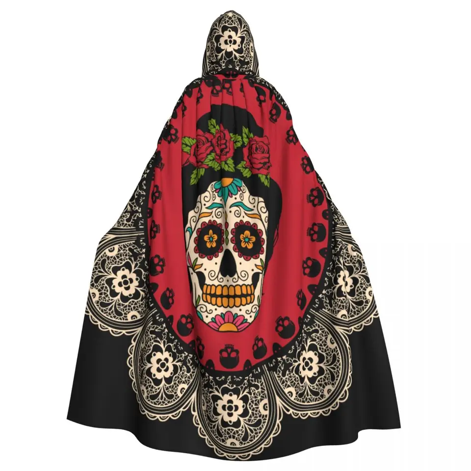 Unisex čarodejnícka strana reverzibilná s kapucňou dospelých upírov Cape Cloak rám s mexickou lebkou ženy