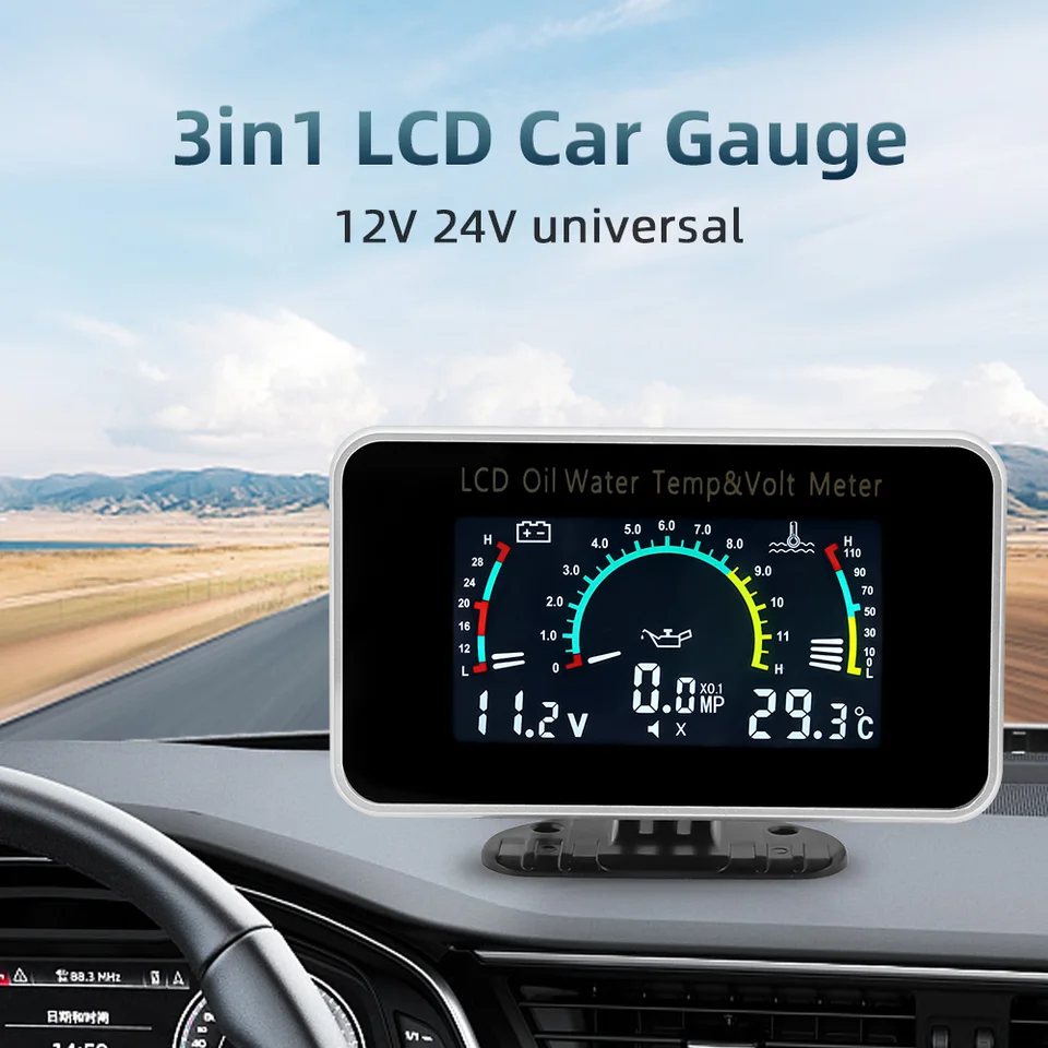 Universal 3 IN1 CAR LCD digitálna vodná teplota voltmeteru oleja s olejom s snímačom 1/8NPT pre nákladné auto pre nákladné auto 12/22
