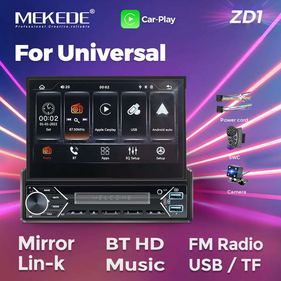 Universal 7 ”IPS stiahnuteľná obrazovka 1 DIN Car Radio Android CarPlay Auto GPS navigácia 1Din Android Car Multimedia Video Player