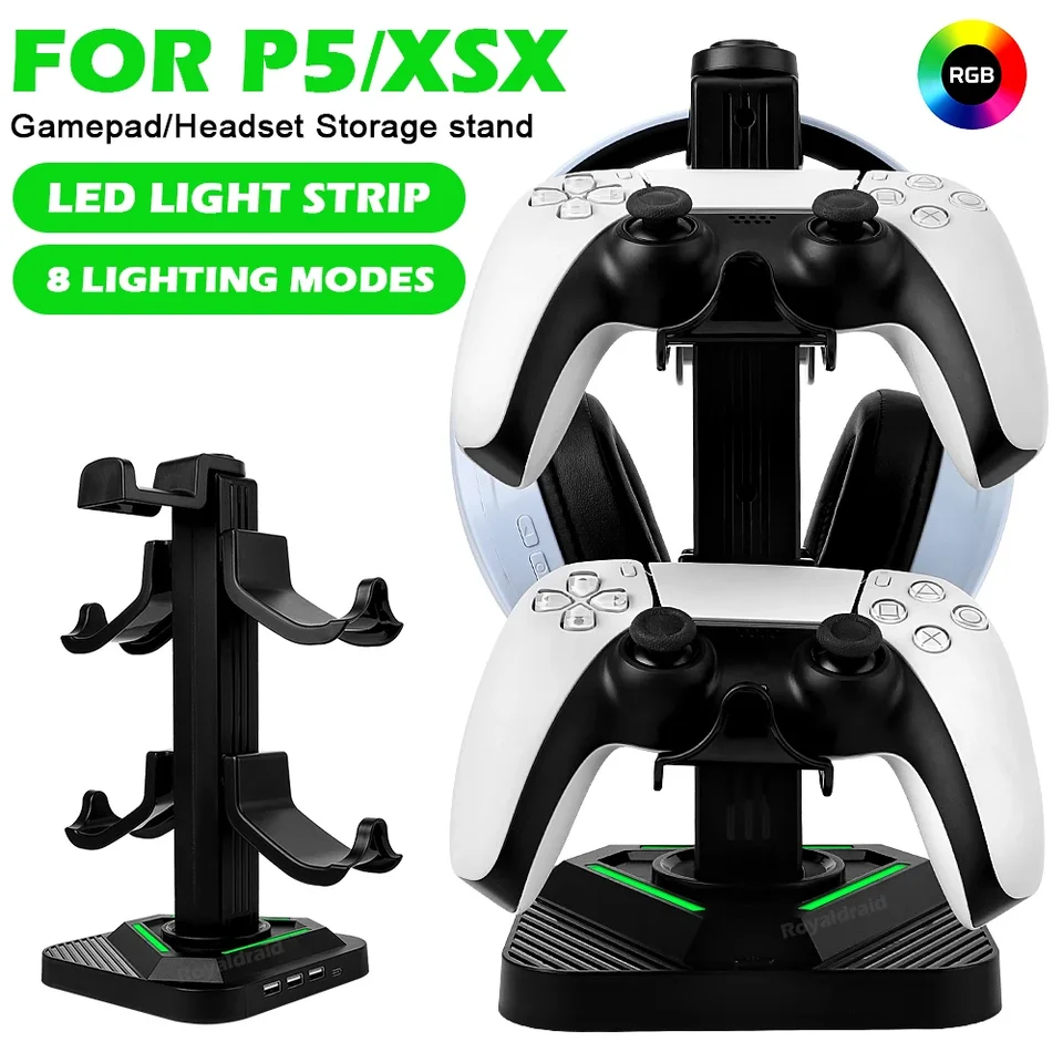 Universal for PS5 XSX Headset Stand Game Console Stand Desktop Storage pre všetky ovládače rukoväte slúchadiel držiteľ W Držiteľ W LED svetlo
