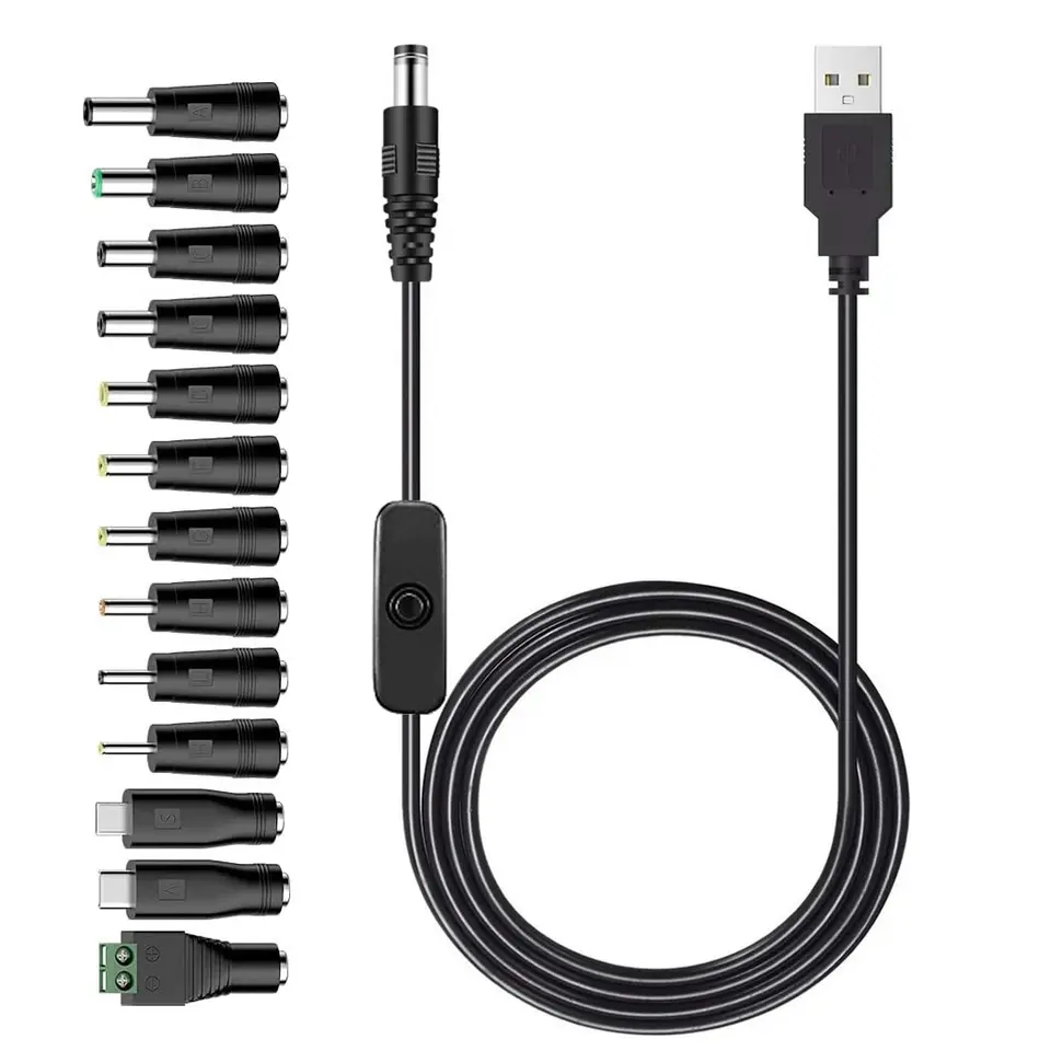 Universal USB až 5V DC napájací kábel nabíjacie kábel 5,5x2.1mm konektor s14 vymeniteľným zátkovým adaptérom Micro USB Type-C Type-C