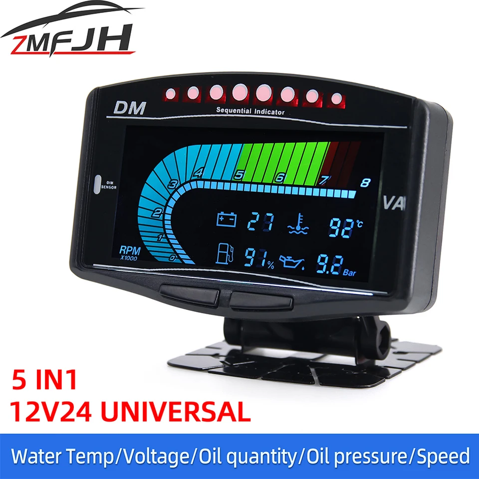 Univerzálny digitálny rozchod LCD LCD 5 v 1 tachometra tlaku oleja volt voltmeter teplota vody Palivový rozchod 12V/24 V