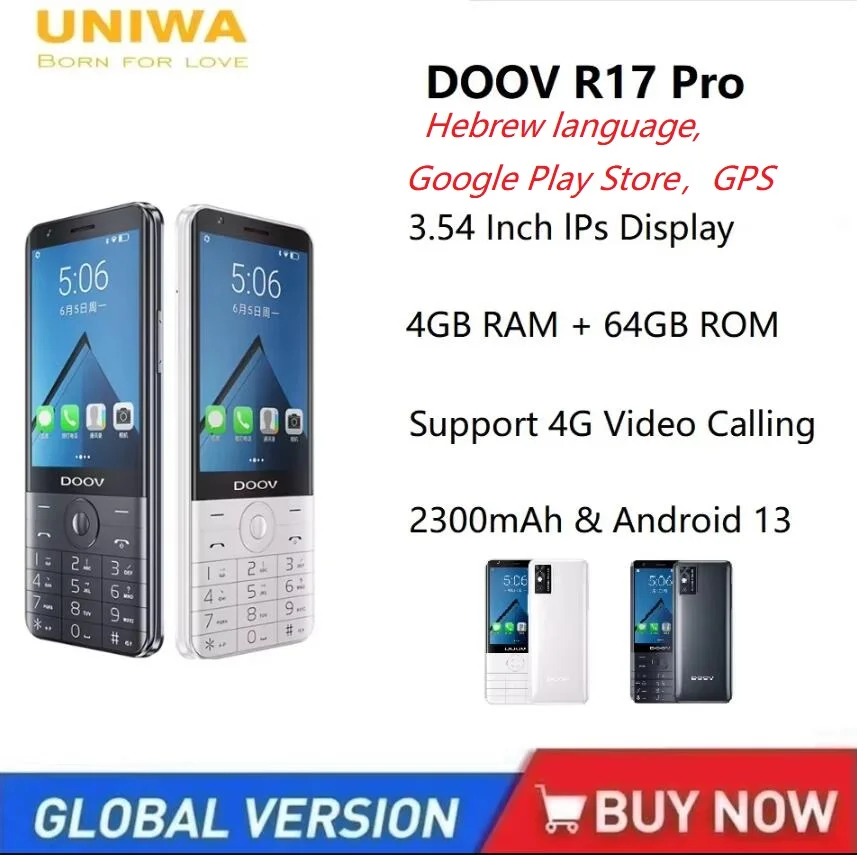 Uniwa Doov R17 Pro 4G Mobilný telefón Smart Touch Sconfon WhatsApp Android 13 Klávesové telefóny 3,54 