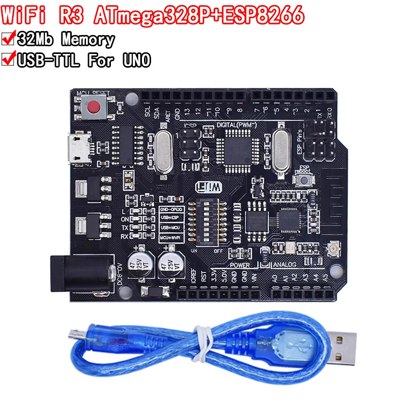 Uno R3 + WiFi Atmega328p + ESP8266 (32 MB Pamäť) USB-TTL CH340G pre Arduino Uno Nodemcu Wemos ESP8266 Jeden nový príchod