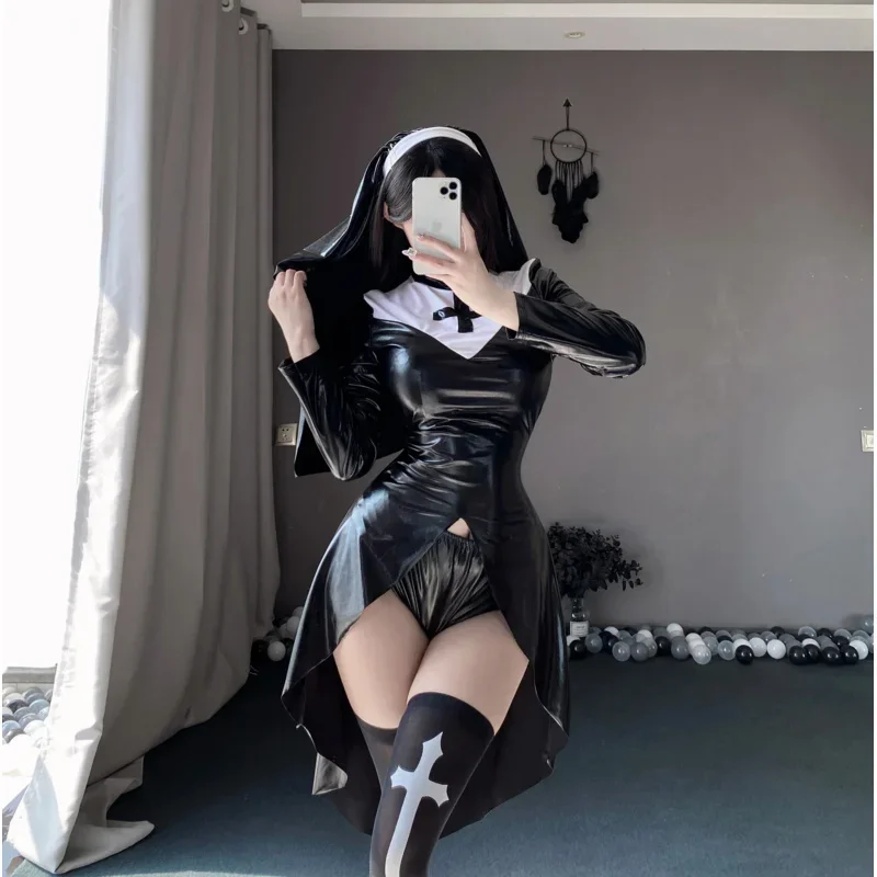 Upír nun uniforma žien Halloween Adult Sister Sestra Cosplay kostým Pu Leather Cross Dark Dress Gothic Party Rave Dropship Dropship