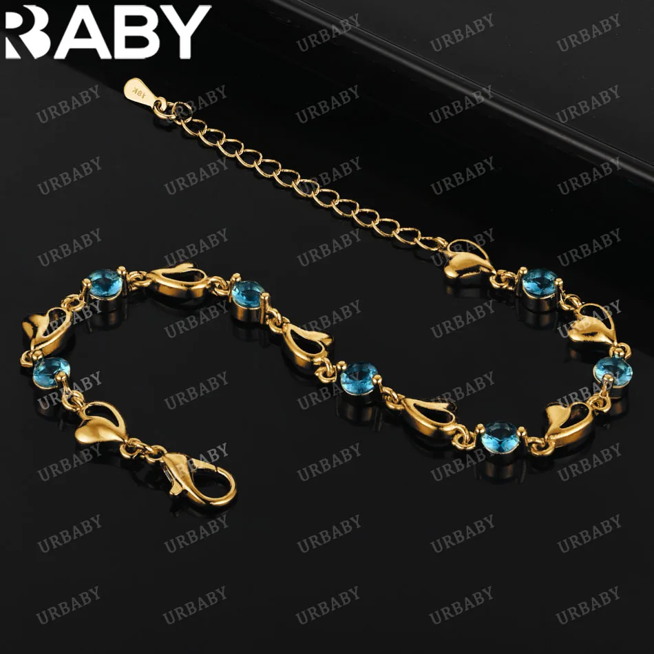 Urbaby 18k zlaté modré krištáľové zirkónové srdcia náramky pre ženu Svadobné večere jemné šperky 925 Sterling Silver Sapphire náramok