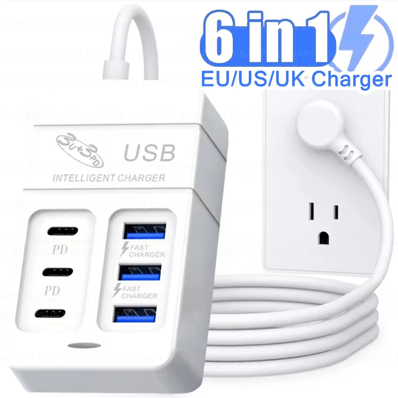 US EÚ UK Plug 6ports Multiport USB Charger 35W PD Type-C Mobilný telefón rýchle nabíjacie nabíjacie nabíjačky Typec USB Hub Adapter Universal