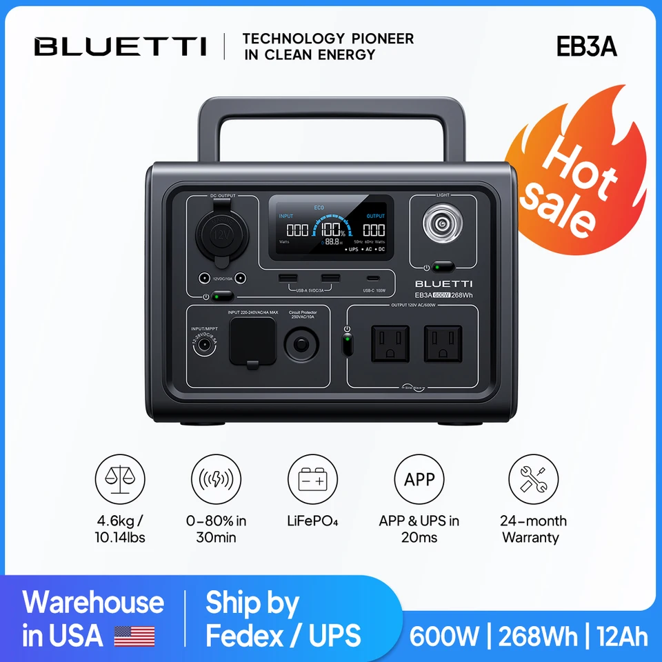 [US Plug] Bluetti EB3A 600W 268WH Prenosná elektráreň LifePo4 Solar Generator Camping Rybolov RV UPS Power Bank Bank