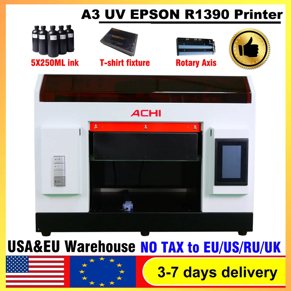 US Stock Achi A3 UV tlačiareň R1390 UV Flatbed valcová A4 UV tlačiareň pre sklenené kovové drevené reliéfová tlačiareň EÚ EÚ s atramentom