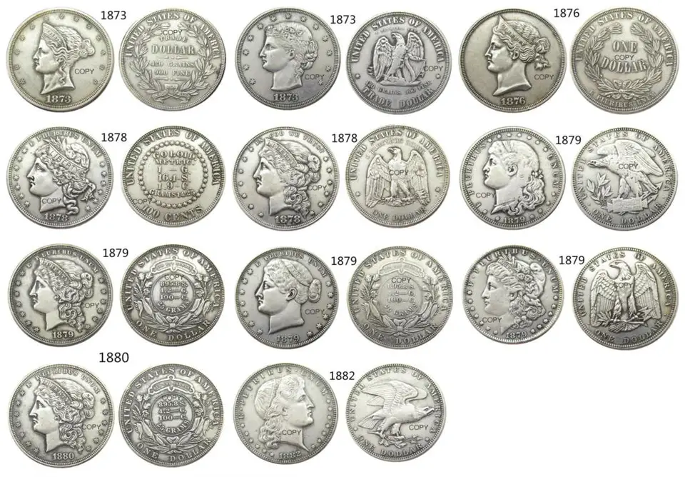 USA Sada (1873-1882) 11ks Rôzne doláre vzory strieborná kopírovacia minca