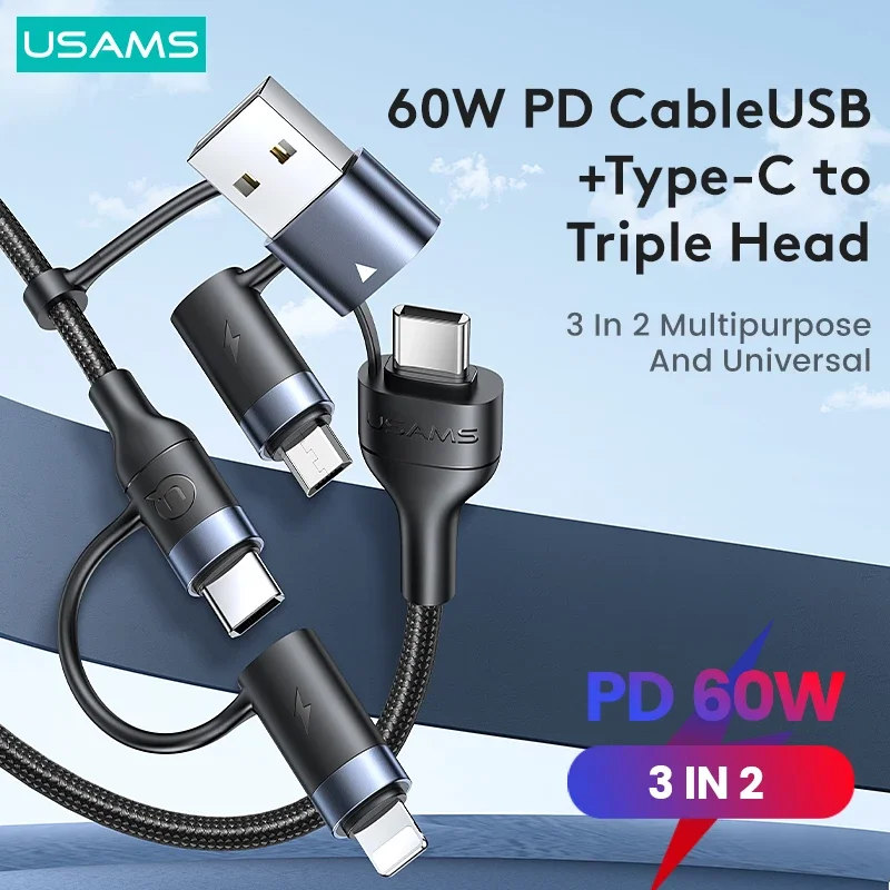 USAMS 60W 3in1 USB Kábel typu C CABL 1,2 m kábel rýchleho nabíjania pre iPhone 15 14 13 Pro Max