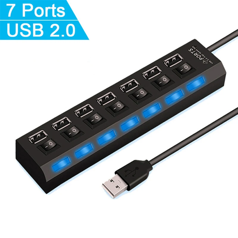 USB 2.0 Hub 7 Port USB HUB 2.0 Adaptér Expander Multi USB Splitter viacnásobný extender s prepínačom LED žiarovky pre počítač PC prenosný počítač
