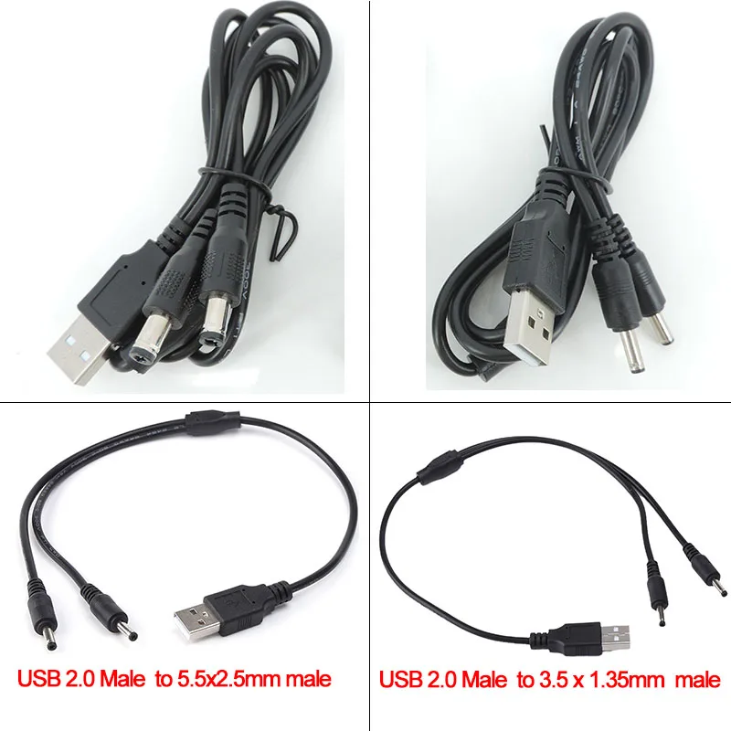 USB 2.0 Muž A až 2 Way DC 3,5 mm x 1,35 mm 5,5 x 2,5 mm mužský splitter konektorový konektor napájací nabíjačka nabíjačku 5V kábel 5V