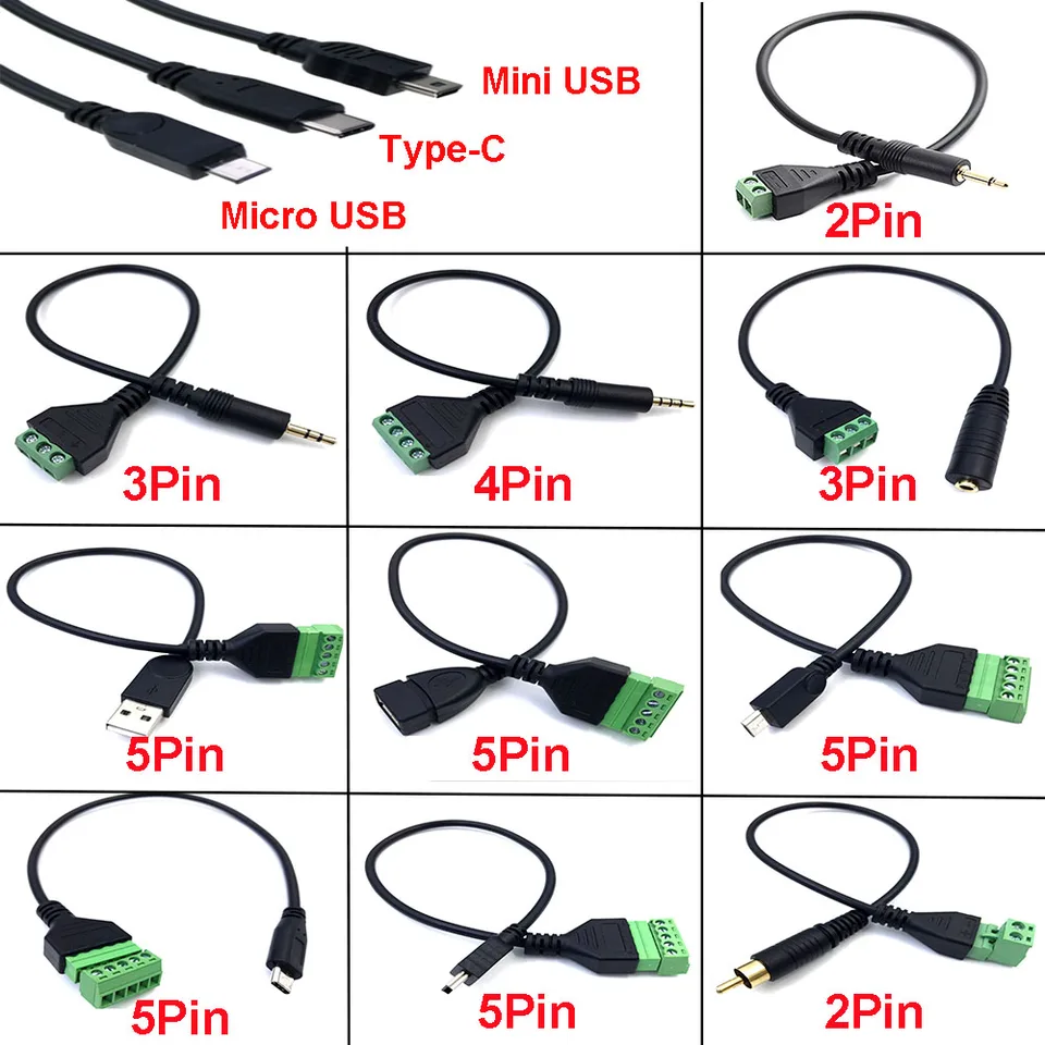 USB 2.0 Žena B Micro USB Mini Mini USB Type-C Muž do 5 kolíkovej skrutkovej skrutky skrutky so štítom